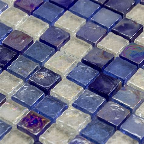Luxury Textured Blue Sky Clear Mix Iridescent Glass Mosaic Wall Tiles Sheet 8mm
