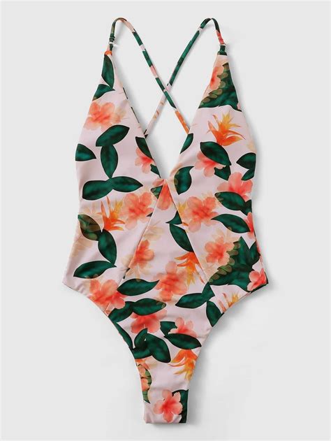 Multicolor Crisscross Random Floral One Piece Swimsuit Bikini One