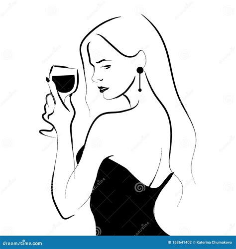 Vector Hand Drawn Portrait Of Young Beautiful Lady Holding Wine Glass