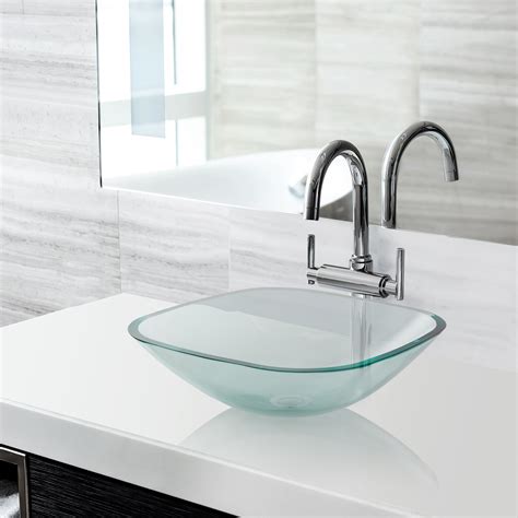 Miligore Modern Glass Vessel Sink Above Counter Bathroom Vanity Basin Bowl Square Clear
