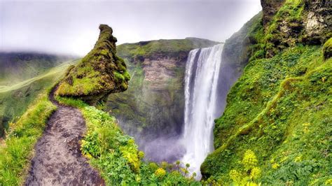 Wonderful Waterfall Scape Rocks Waterfall Cliff Green Hd Wallpaper