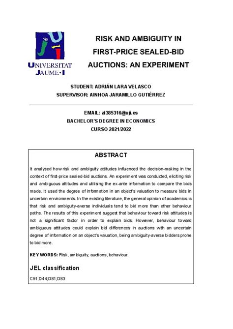 Risk And Ambiguity In First Price Sealed Bid Auctions An Experiment