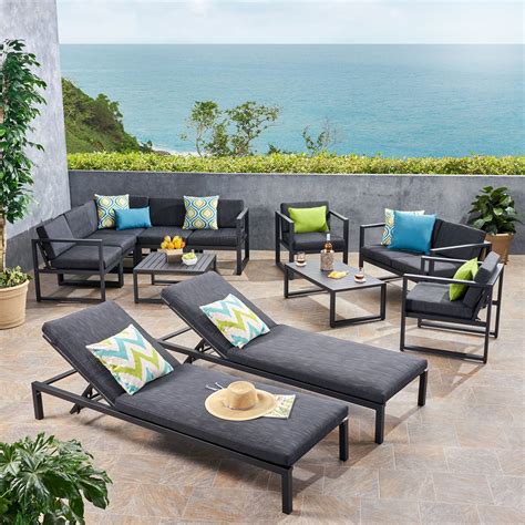 Nealie Outdoor 9 Seater Aluminum Sectional Sofa Set With Mesh Chaise L