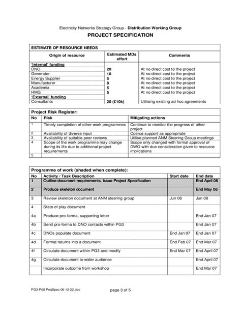 Project Specification Form Free Download