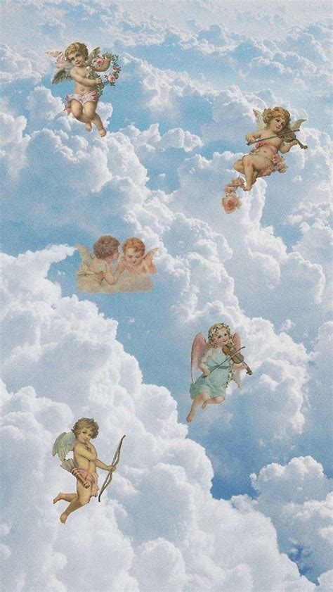 Several Cherubs Floating In The Sky Above Clouds
