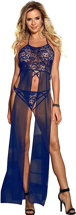 Elegant Blue Lace Cami Gown With Long Sheer Mesh Panels G String