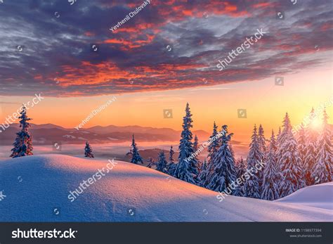 Fantastic Winter Landscape During Sunset Colorful Stock Photo