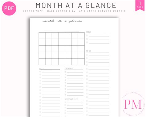 Month At A Glance Planner Printable Template One Page Monthly Etsy Uk