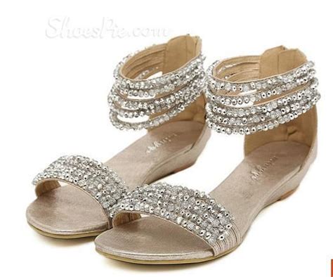 Gorgeous Beading And Rhinestone Ankle Strap Flat Heel Sandals
