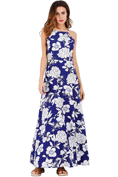 Ayliss Women S Halter Backless Maxi Dress Navy Blue With White Flower Elegant Dress At Amazon