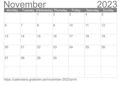 Calendar November 2023 In English ☑️ Calendariogratis