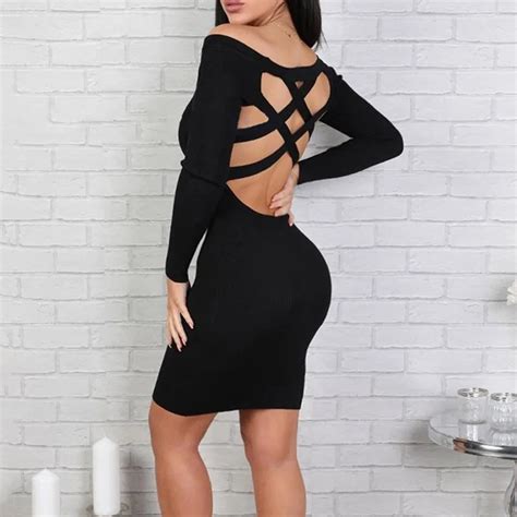 Sexy Hollow Out Back Bodycon Dresses Women Long Sleeve Slim Elastic