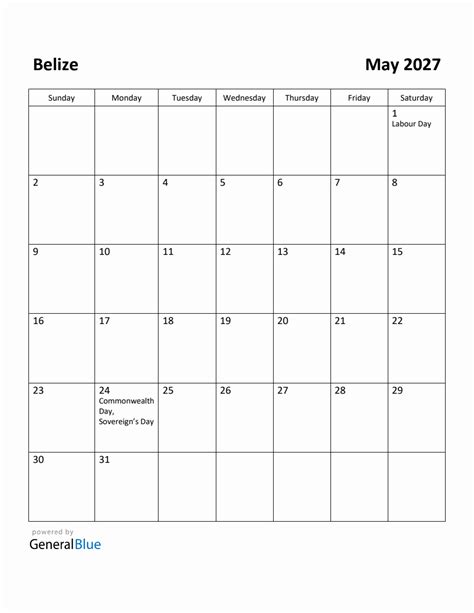 Free Printable May 2027 Calendar For Belize