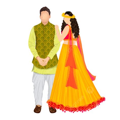 Indian Wedding Haldi And Mehndi Couple In Yellow Attire Vector