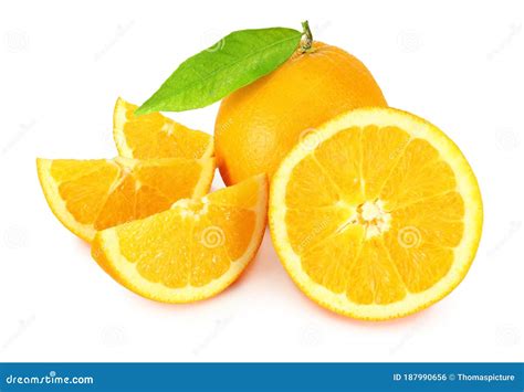 Fresh Oranges Citrus With Leaves Isolated On White Background