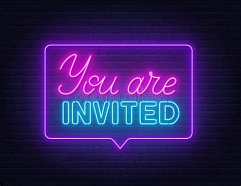 You Are Invited Sign In Glowing Neon Style On A Wall Stock Vector