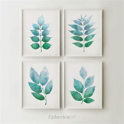 Blue Green Prints Wall Art Set Of 4 Artworks Plants Gallery Etsy
