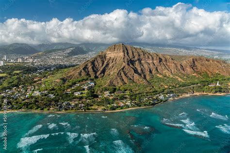 Aerial Helicopter View Of Diamond Head Mountain Volcanic Tuff Cone In