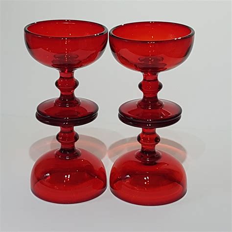Set Of 4 Vintage Red Pressed Glass Pedestal Dessert Dishes Sundae Bowls Red Glass Stemware