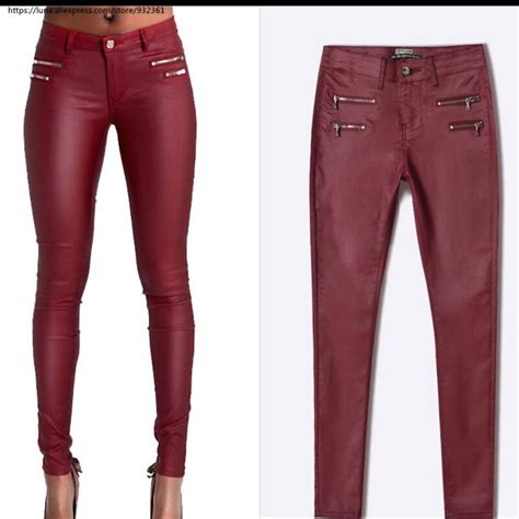 European Fashion Women Low Waist Double Zippers Pu Coated Skinny Jeans