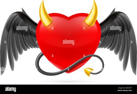 Red Heart With Golden Horns Black Wings And Devil Tail Cute Cartoon