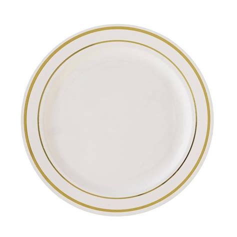 10 Pack 8 Ivory Disposable Round Salad Dessert Plates With Gold Rim