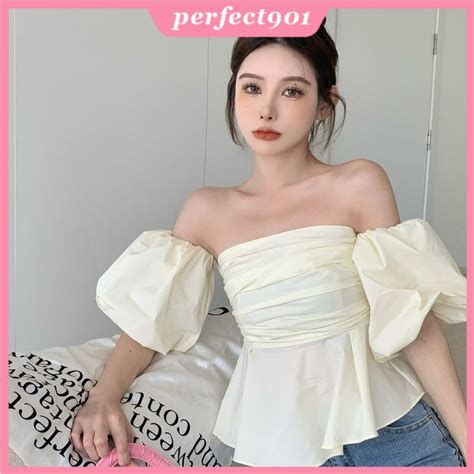 2023 Summer New Korean Style Puff Sleeve Off Shoulder Slimming All Matching Tube Top Shirt Top