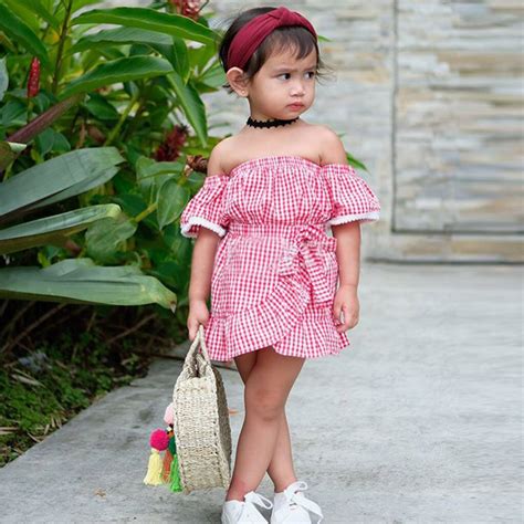 Toddler Baby Girls Off Shoulder Plaid Print Dress Lace Ruffles Dresses