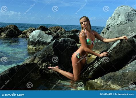 Model In Bikini Posing In Front Of Rocks Stock Photo Image Of Girl