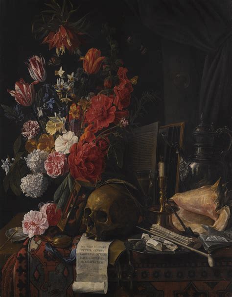 Nicolaes Van Veerendael Vanitas Still Life With Flowers A Skull