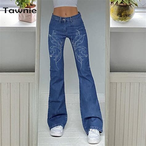 Tawnie 2021 Butterfly Rhinestone Printed Flared Jeans Women Y2k Low