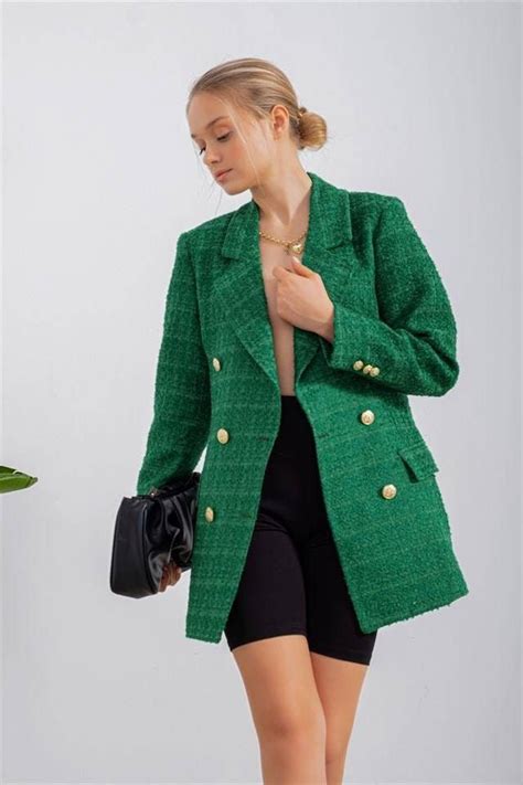 tweed outfit tweed vest corset mini dress green tweed checked jacket green blazer tweed