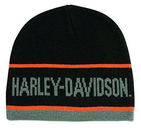 Harley Davidson Mens H D Script Striped Knitted Beanie Cap Black