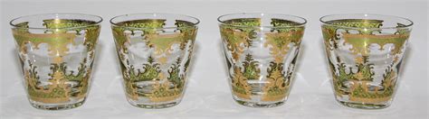 Vintage Georges Briard Set Of Four Rock Glasses Green And Gold At 1stdibs George Briard