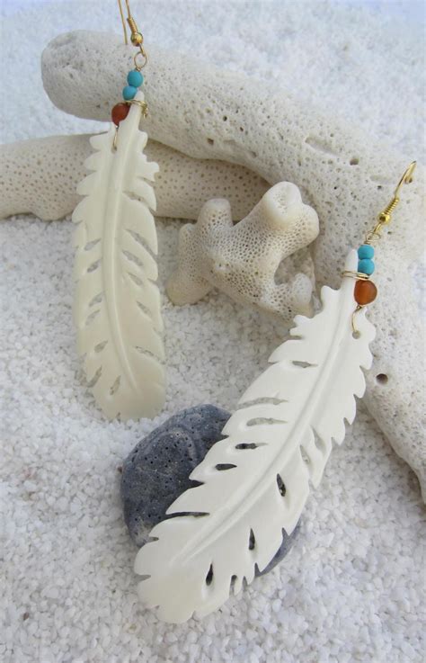 Soaring Long Dangle Feather Carved Bone Earrings Gold Or Silver Amber Horn Turquoise Festival
