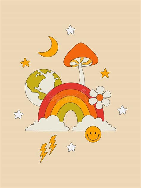 Hippie Poster Cartoon Psychedelic Banner With Colorful Hippy And Peace