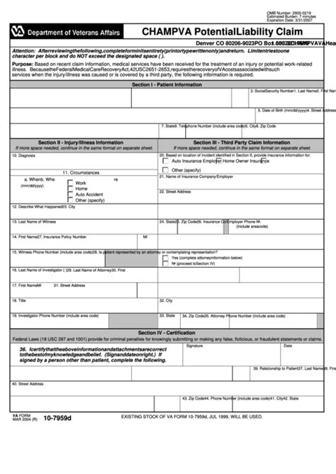 Va Form 10 7959d Champva Potential Liability Claim Printable Pdf Download