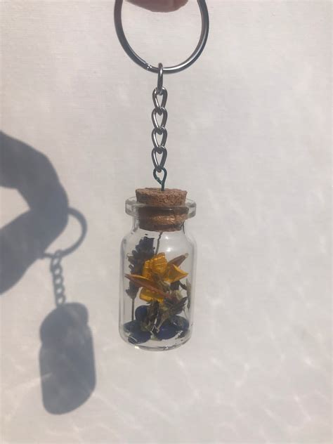 Mini Bottle Keychain Keyring With Pressed Flowers Crystals Etsy
