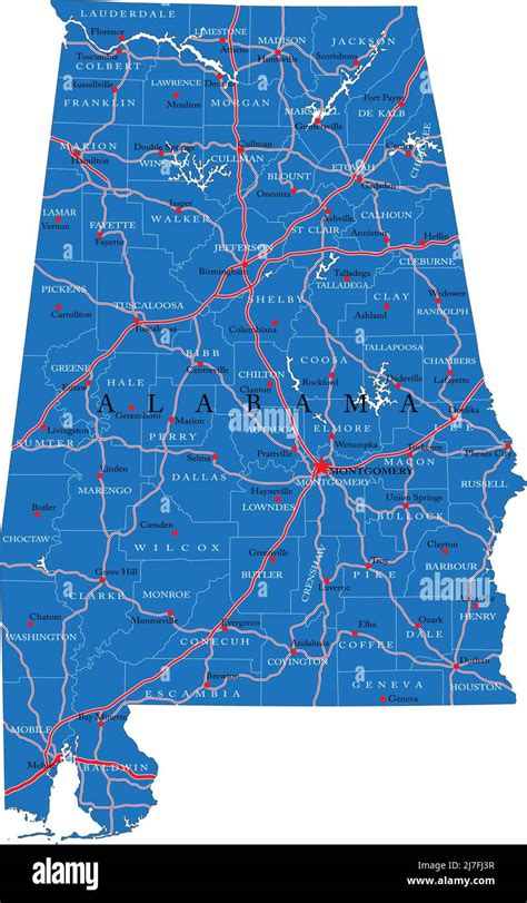 Detailed Map Of Alabama State In Vector Format With County Borders Roads And Major Cities Stock