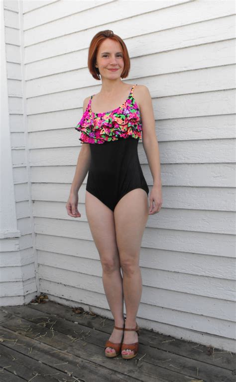 Vintage S Swimsuit Ruffle Floral Black One Piece Bathing Etsy