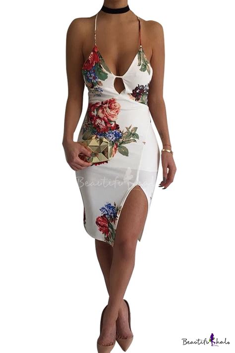 hot fashion retro floral printed spaghetti straps slit side midi bodycon slip dress