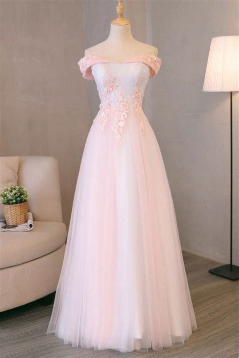 pretty pink tulle long prom dress lace with off shoulder 109 mqd17029