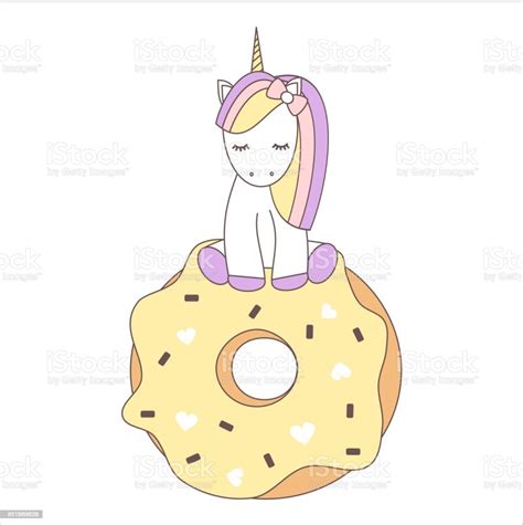 Cute Vector Cartoon Lovely Unicorn Sitting On A Big Donut Stock