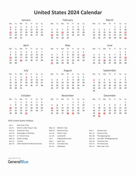 2024 United States Calendar With Holidays