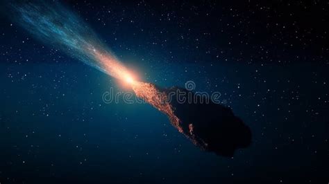 Comet Asteroid Meteorite Flying To Earth On Starry Night Sky Glowing