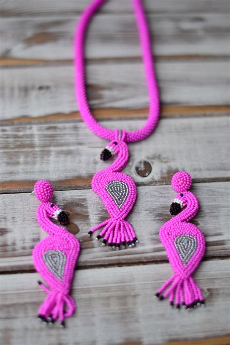 Beaded Pink Flamingo Earrings Hot Pink Embroidered Bird Animal Etsy