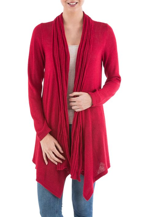 Long Sleeved Red Cardigan Sweater From Peru Red Waterfall Dream Novica