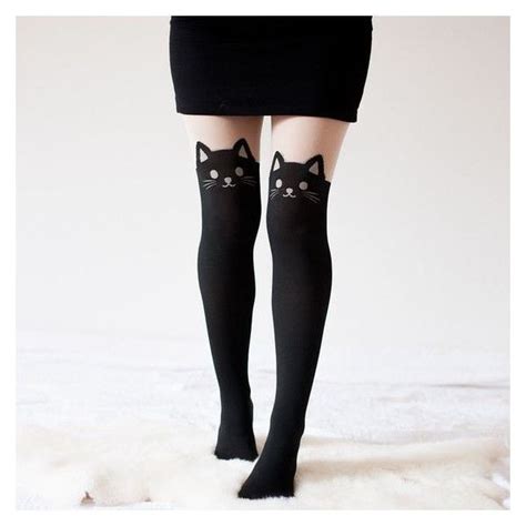 Black Kitty Cat Print Thigh High Pantyhose Cat Tights For Women Liked