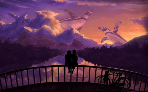 Romantic Couple Bridge Sunset Art Hd Desktop Wallpaper Widescreen