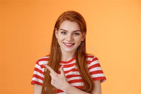 Close Up Cheerful Smiling Girl Pointing Sideways Redhead Woman Introduce Promo Gladly Recommend